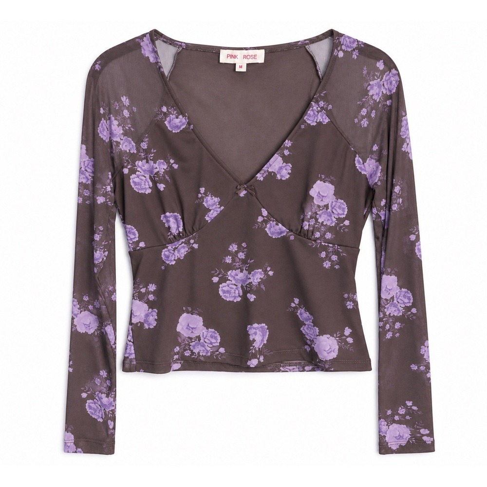 Floral Mesh Long Sleeve Crop Top Brown Purple Y2K Coquette Medium